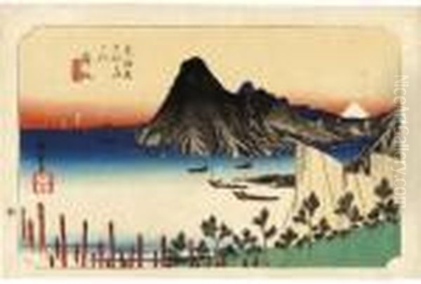 From The Series Tokaido Tsugi No
 Uchi Maisaka - Imaki Shinkei [maisaka - A True View Of Imagiri], 
Fishing Boats At Anchor In The Bay, Signed Hiroshige Ga - view 1