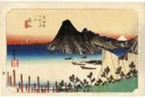 From The Series Tokaido Tsugi No
 Uchi Maisaka - Imaki Shinkei [maisaka - A True View Of Imagiri], 
Fishing Boats At Anchor In The Bay, Signed Hiroshige Ga by Utagawa or Ando Hiroshige