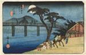 From The Series Kisokaido 
Rokujukyu Tsugi No Uchi [the Sixty-nine Stations Of The Kisokaido Road],
 Nagakubo, As Night Falls And The Moon Rises A Man Leads His Pack-horse 
Back To The Village, While Other Workers Cross The Bridge Behind Him, 
Signed  by Utagawa or Ando Hiroshige