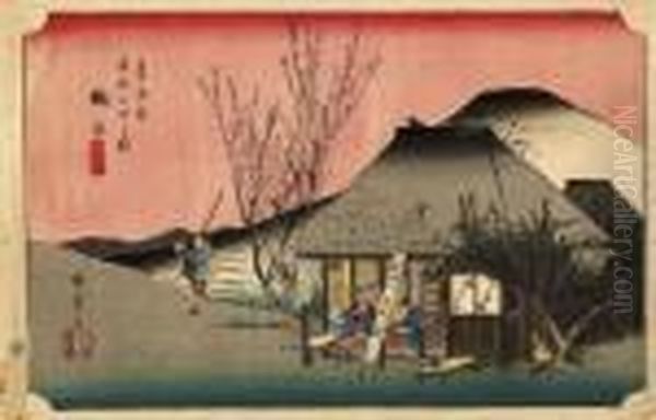 From The Series Tokaido Tsugi No
 Uchi [the Fifty-three Stations Of The Tokaido], Mariko - Meibutsu 
Chamise [mariko - The Local Speciality Shop], Travellers Eating The 
Local Yam Paste Delicacy Tororoshiru - view 1