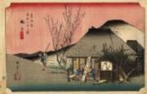 From The Series Tokaido Tsugi No
 Uchi [the Fifty-three Stations Of The Tokaido], Mariko - Meibutsu 
Chamise [mariko - The Local Speciality Shop], Travellers Eating The 
Local Yam Paste Delicacy Tororoshiru by Utagawa or Ando Hiroshige