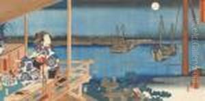 From The Series Furyu Genji 
Tsukuda [the Elegant Prince Genji], A Woman Who Has Been Writing In Her 
Diary Leans Against The Railing Of A Balcony And Looks Out Over The 
Moonlit Bay Of Edo And The Island Of Tsukuda, Signed Hiroshige Hitsu And
 Toyoku by Utagawa or Ando Hiroshige