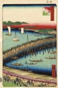 The Ryogoku Bridge, From The 
Series Meisho Edo Hyakkei [one Hundred Famous Views Of Edo, Signed 
Hiroshige Ge, Published By Uoya Eikichi, Censor's Seal Aratame, Very 
Good Impression And Colours, Wormholes In Margins by Utagawa or Ando Hiroshige