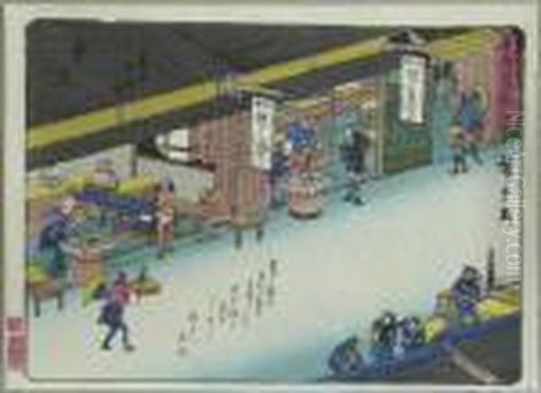 Kyoka Tokaido. Reisende In Den Speiselokalen Im Dorf Kuwana. Japan - view 1
