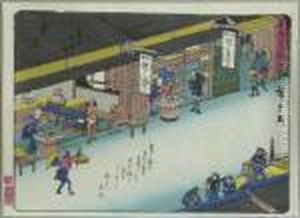 Kyoka Tokaido. Reisende In Den Speiselokalen Im Dorf Kuwana. Japan by Utagawa or Ando Hiroshige