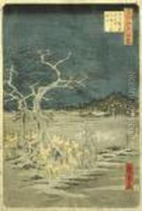 Gathering Of Foxes On The 
Evening Before The New Year In Odji, Edo,by Shrine Of Inari, 1857. 
Colored, Wood Carving, Nisikie, Obanform, 355x230 Mm, Framed, Glassed. 
Print Of Set Meisho Edo Hjakkei(100 Looks At Edo).
