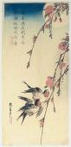 Swallows And Peach Blossoms Under Full Moon by Utagawa or Ando Hiroshige