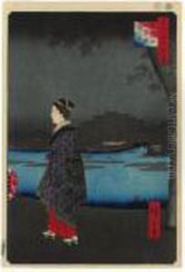 ````matsuchiyama Sanya-bori 
Yakei' (night View Of The Sanya Canal And Matsuchi Hill) From The Series
 'edo Meisho Hyakkei' (one Hundred Famous Views Of Edo) by Utagawa or Ando Hiroshige