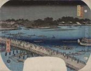 A Fan Design Depicting A Night Scene At The Ryogoku Bridge
