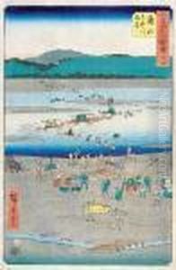 Przeprawa Przez Rzeke Oi W 
Shimadaz Serii Obrazy Slynnych Miejsc Na Piecdziesieciu Trzech Stacjach 
(goscinca Tokaido); Tzw. Pionowe Tokaido by Utagawa or Ando Hiroshige