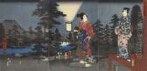 Triptych Designed With Landscape By Hiroshige And Figures By Kunisada by Utagawa or Ando Hiroshige