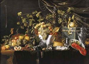 Grapes, pears, quinces, peaches, prawns, oysters and a pastry on pewter plates by Wouter Mertens
