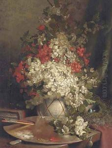 The artist's palette, with a still life of May blossom in a vase, a book and a bird's nest beyond