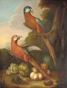 Two parrots, grapes, peaches, figs, a melon and a pineapple in a wooded landscape by Herman van der Myn