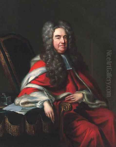 Portrait of a judge, seated three-quarter-length, in judicial robes, resting his arm on a table, a quill pen in his right hand - view 1