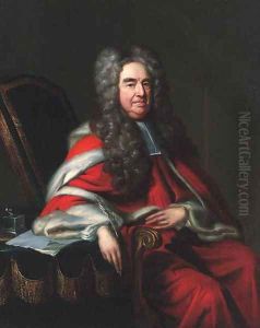 Portrait of a judge, seated three-quarter-length, in judicial robes, resting his arm on a table, a quill pen in his right hand