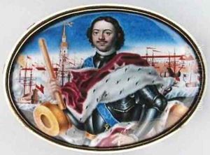 Portrait of Peter I 1672-1725 against the St Peter and St Paul Fortress and Trinity Square in St Petersburg 1723 by Grigory Semyonovich Musikiysky