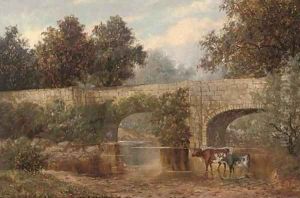 Cattle watering beneath a bridge by William Henry Mander