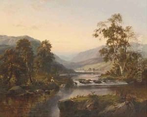 Figures by a river in a mountainous landscape by William Henry Mander