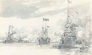 The Royal Yacht reviewing the French fleet off Cowes during its visit in August 1905 by Eduardo de Martino