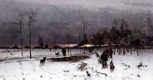 Hunters with their dogs in a Winter Landscape at Sunset 1873 by Ludwig Munthe