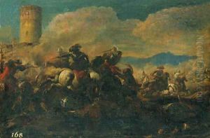 A Cavalry battle near a tower