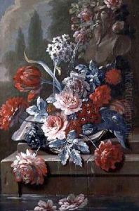 Still Life of Flowers by a Fountain by Mary Moser