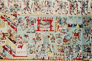 Wedding of Woman Three-Flint to Twelve-Wind illumination from a Mexican painted book by Mixtec