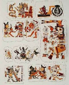 Facsimile copy of a page of the Borgia codexe depicting different scenes by Mixtec