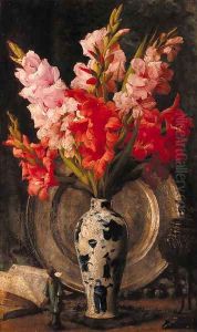 A figurine, a book, a pewter salver and a vase of gladioli on a table by Richard Willes Maddox