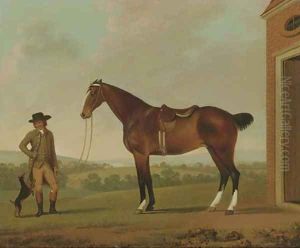 A Groom holding a Saddled Hunter outside a Stable with a Terrier by James Millar