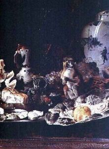 Exotic still life with monkey and Chinese porcelain by Barend or Bernardus van der Meer