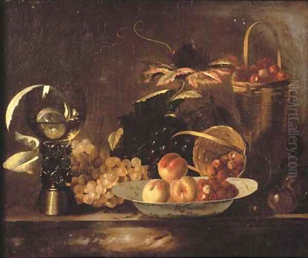 Peaches and raspberries on a dish, with grapes, a roemer, a partly-peeled lemon and a basket on a marble ledge - view 1