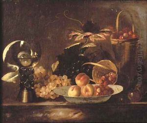 Peaches and raspberries on a dish, with grapes, a roemer, a partly-peeled lemon and a basket on a marble ledge