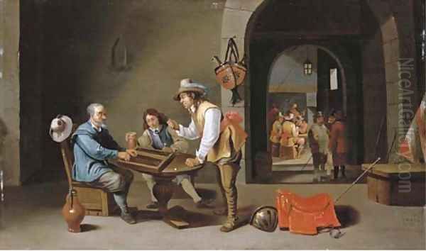 Officers and peasants playing backgammon and other games in a guardroom - view 1
