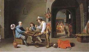 Officers and peasants playing backgammon and other games in a guardroom
