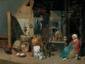 A kitchen interior by Cornelis Mahu