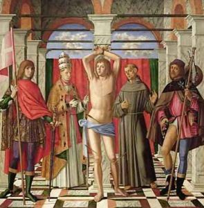 Saint Sebastian with Saints Liberale Gregory Francis and Roch by Giovanni di Niccolo Mansueti