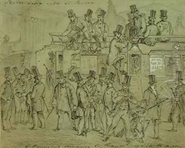 Omnibuses at the Bank Nine oClock am clerks arriving at the Bank of England 1859 - view 1