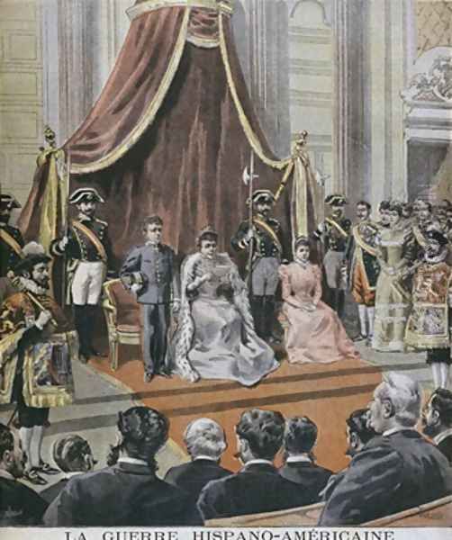 Spanish American war in Spain the Queen reading her message to the Cortes Madrid illustration from Le Petit Journal Supplement illustre 8th May 1898 - view 1