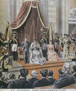 Spanish American war in Spain the Queen reading her message to the Cortes Madrid illustration from Le Petit Journal Supplement illustre 8th May 1898