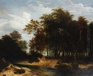 Travellers On A Country Path In A Wooded Landscape by Meindert Hobbema
