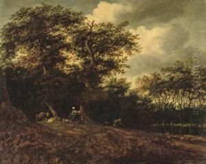 A Wooded River Landscape With A Shepherdess Resting With Hercattle Signed 'mhobbema'