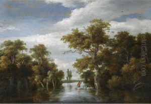 A Wooded Landscape With A Shepherd And His Flock Crossing Ariver A Wooded Landscape With A Shepherd And His Flock Crossing Ariver