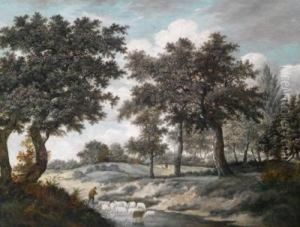 Ein Schafer Trankt Seineherde In Einer Furt by Meindert Hobbema