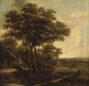 A Wooded Landscape With A Man On Horseback Conversing With A Peasant On A Track by Meindert Hobbema