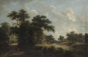 A Wooded Landscape With Figures On A Track, A Village Beyond by Meindert Hobbema