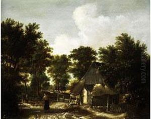 Strohgedeckte Kate Mit Zaunen Und Baumen Eines Jungwalds