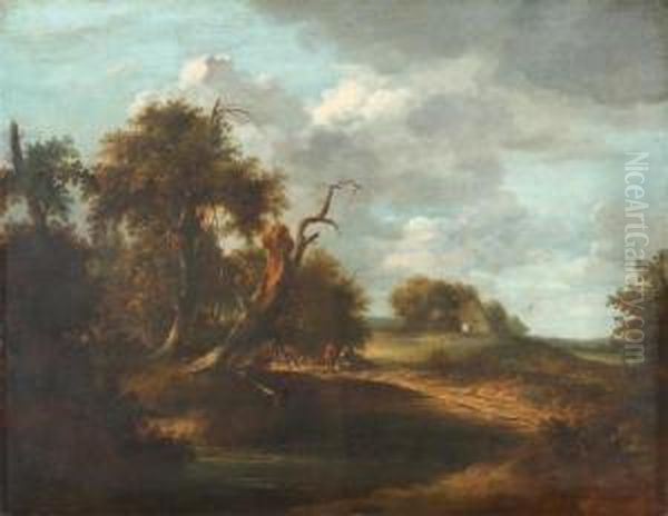 Bewaldete Flusslandschaft Mit Zwei Figuren. - view 1
