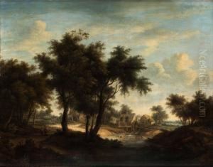Landskap Med Vandrande Figurer Vid Vattenkvarn by Meindert Hobbema
